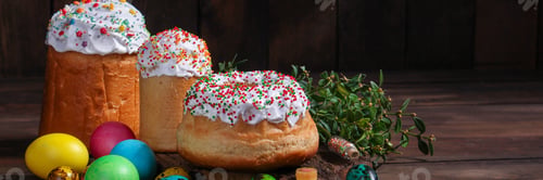 Preview: Easter Cake And Easter Eggs, Traditional Holiday Design (Happy Easter) Menu Concept. Food