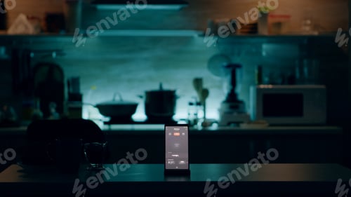 Preview: Phone with intelligent software placed on table in kitchen with nobody in