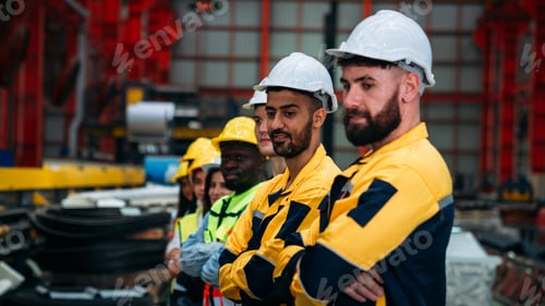 Preview: Portrait of industrial worker inspecting and check up machine at factory machines.