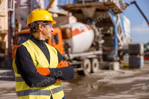 Preview: Joyful male engineer standing outdoors at industrial site