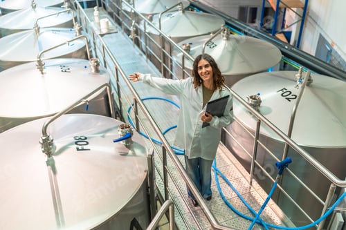 Preview: Woman working in beer factory inspecting fermentation tanks