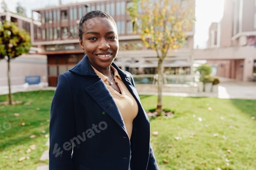 Preview: Stylish african female student near university campus.