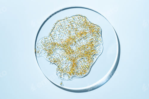 Preview: Golden sparkling glitter gel in glass petri dish with shadows on blue background for skincare