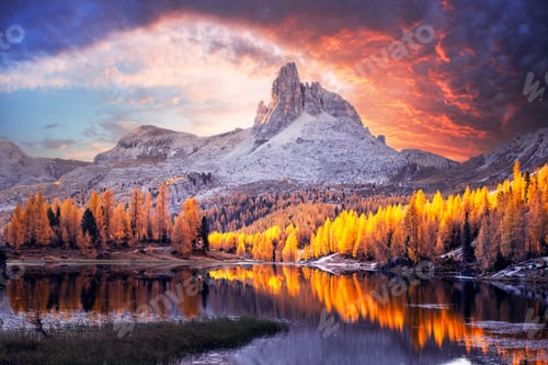 Preview: Incredible purple sunrise on Federa Lake in the Dolomite Apls
