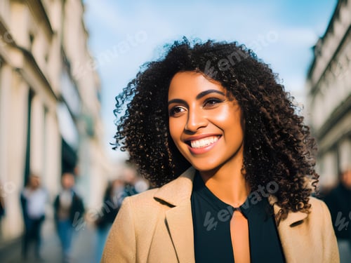 Preview: African black smailing woman with dark curly hair on blurred city background