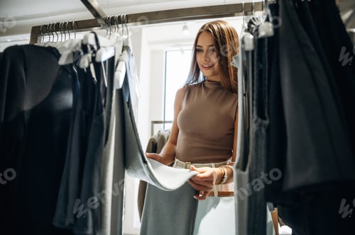 Preview: Modern fashion wear. Woman chooses clothes in retail store