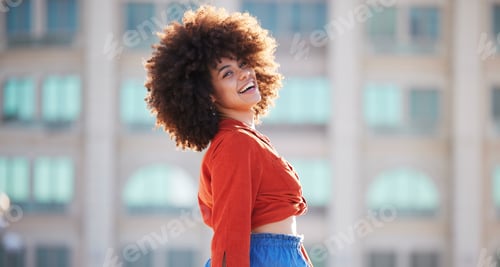 Preview: Fashion, happy and smile with black woman in city for freedom, youth and urban lifestyle. Relax, mo