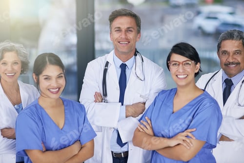 Preview: Portrait of a team of medical practitioners standing together in a hospital