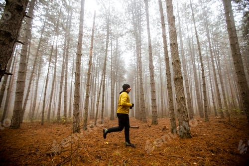 Preview: Young man running in autumn forest and exercising for trail run marathon endurance race