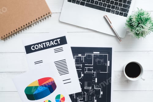 Preview: Top view office desk with laptop, mock up notebooks and plant on white wooden background.