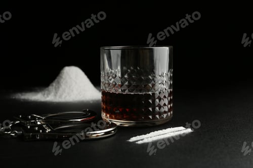 Preview: Glass of alcohol, cocaine and handcuffs on dark table