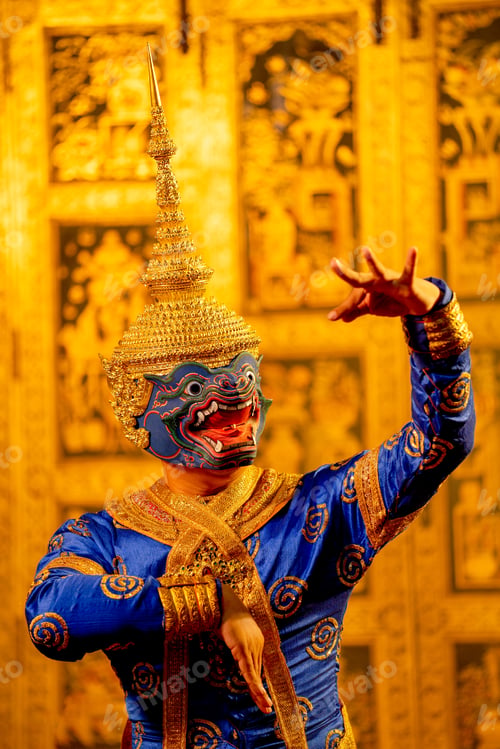 Preview: Portrait of Khon or traditional Thai classic masked from the Ramakien with character as blue giant