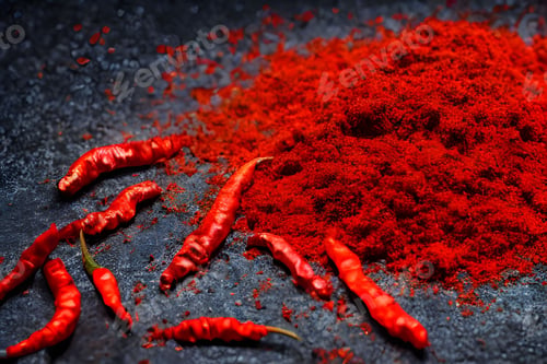 Preview: Closeup of bunch of ripe red chili peppers with pepper powder