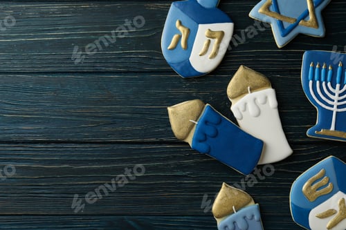 Preview: Gingerbread cookies with Jewish signs on blue wooden background, space for text
