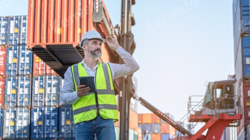 Preview: CEO or Manager in white helmet with tablet control loading Containers box in warehouse , manager