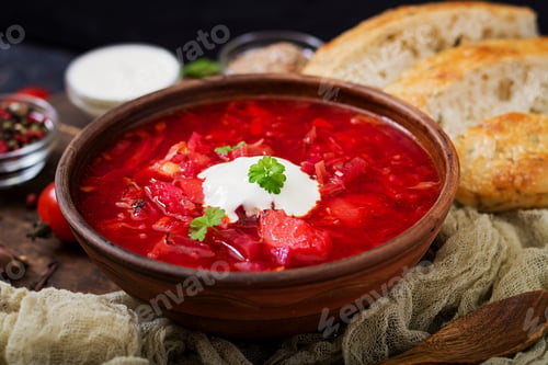 Preview: Traditional Ukrainian Russian borscht with white beans on the bowl.