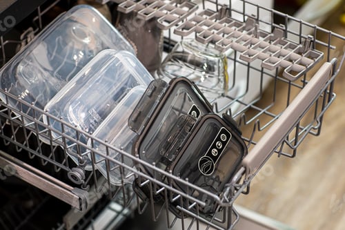 Preview: closeup of plastic containers in a dishwasher, in a kitchen indoors
