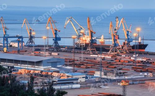 Preview: Sea commercial port at night in Mariupol, Ukraine before the war