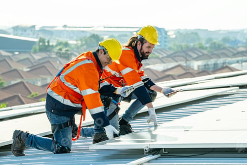 Preview: Engineer working setup Solar panel at the roof top. Engineer or worker work on solar panels or solar