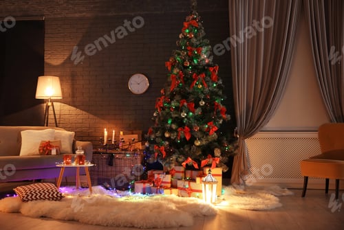 Vista previa: Stylish room interior with decorated Christmas tree