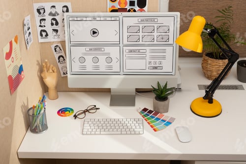 Preview: Creative Designer Workspace with Computer and Tools