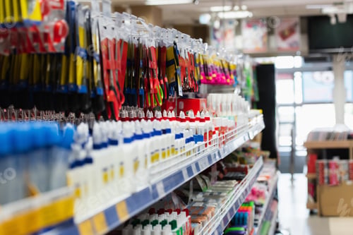 Preview: different scissors and glue on rack with school supplies in stationery store