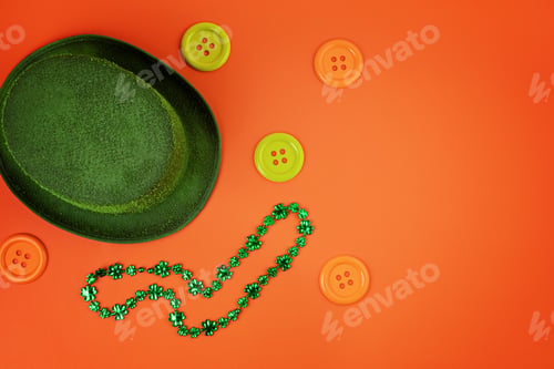 Preview: Top view over Saint Patrick day symbols in traditional colors.