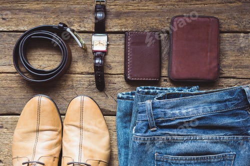 Preview: Men's clothes and accessories on wooden background. Top view