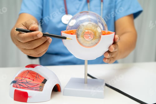 Preview: Asian doctor with eye human anatomy model for study diagnosis and treatment in hospital.