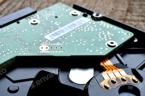 Preview: Circuit board of a hard drive in a computer.