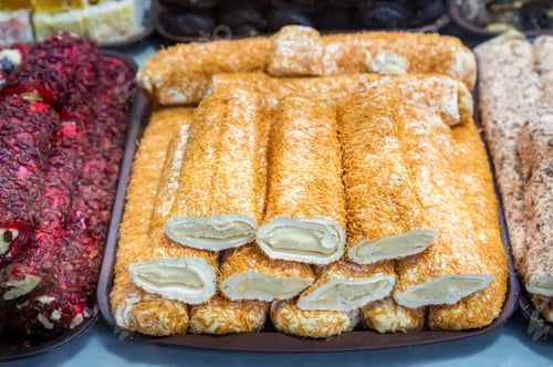 Preview: Close up of turkish lokum different tastes and colours on the market
