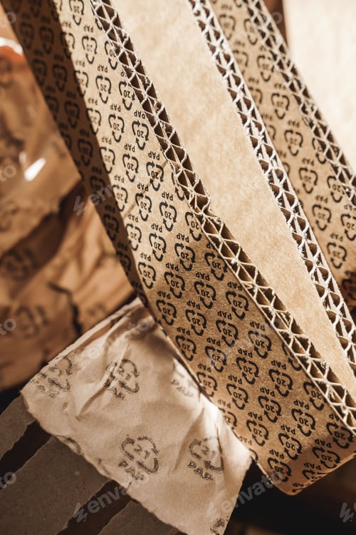 Preview: Closeup shot of pile of Cardboard Waste with PAP symbol