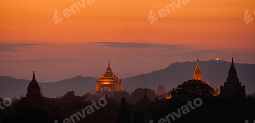 Preview: Amasing sunset over ancient Buddhist Temples at Bagan Kingdom, Myanmar, Burma