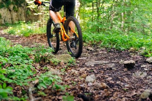 Preview: unrecognizable man in mountain bike riding fast