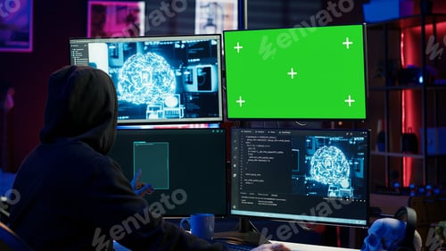 Preview: Hacker working on chroma key PC using artificial intelligence tech