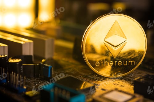 Preview: A golden coin with ethereum symbol on a mainboard.