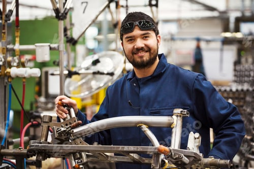Preview: Male skilled factory worker with a partly assembled bicycle frame in a factory.