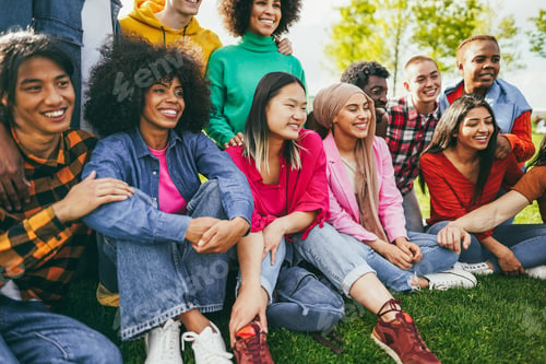 Preview: Young diverse people having fun outdoor laughing together outdoor - Focus on asian girl face