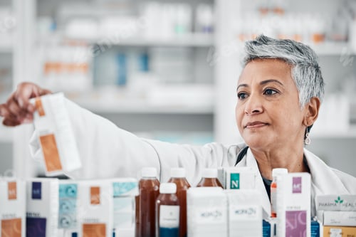 Preview: Pharmacy shelf, medicine and senior woman with pills, supplements and medication for prescription i