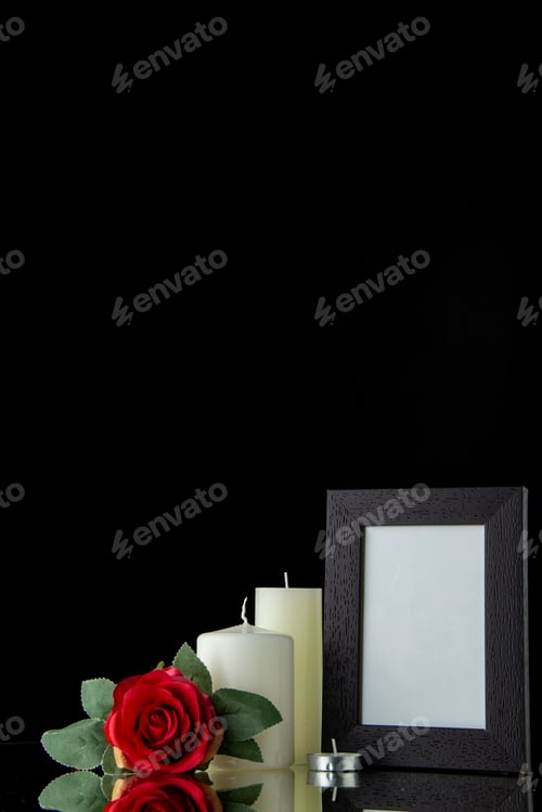 Preview: front view of white candles with picture frame on black background death palestine funeral war