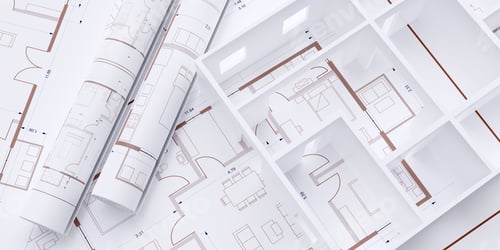 Preview: House floor plan and model, construction concept. Architecture blueprint drawings background. 3d