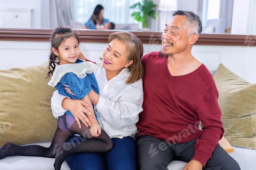 Preview: Happy grandparent older adult granny relax sitting on sofa embracing preschool child granddaughter