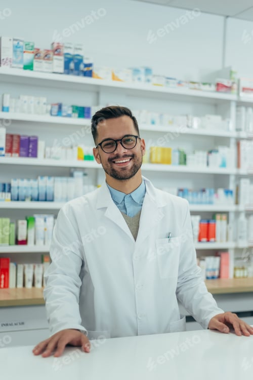 Preview: Portrait of a handsome pharmacist working in a pharmacy
