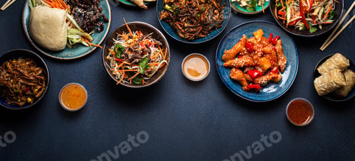 Preview: Set of Chinese dishes on table space for text
