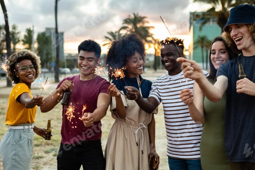 Preview: Multicultural united group of young friends having party together