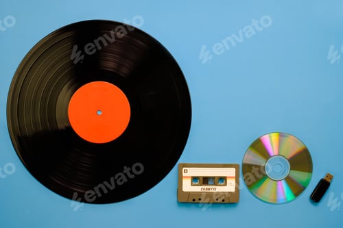 Preview: A collection of old and modern retro musical equipment technology, Gramophone record audiocassette t