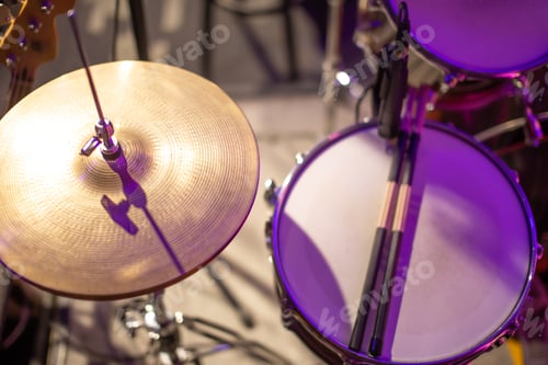 Preview: Drums, cymbals, hi hat on a beautiful background in the recording Studio.