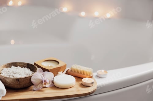 Preview: Hotel spa treatment or home bath procedure. Bathroom with accessories on tray