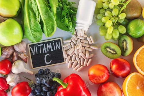 Preview: Products containing vitamin C. Selective focus.