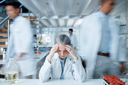 Preview: Headache, laboratory scientist or frustrated woman overwhelmed with busy lab, anxiety or depression
